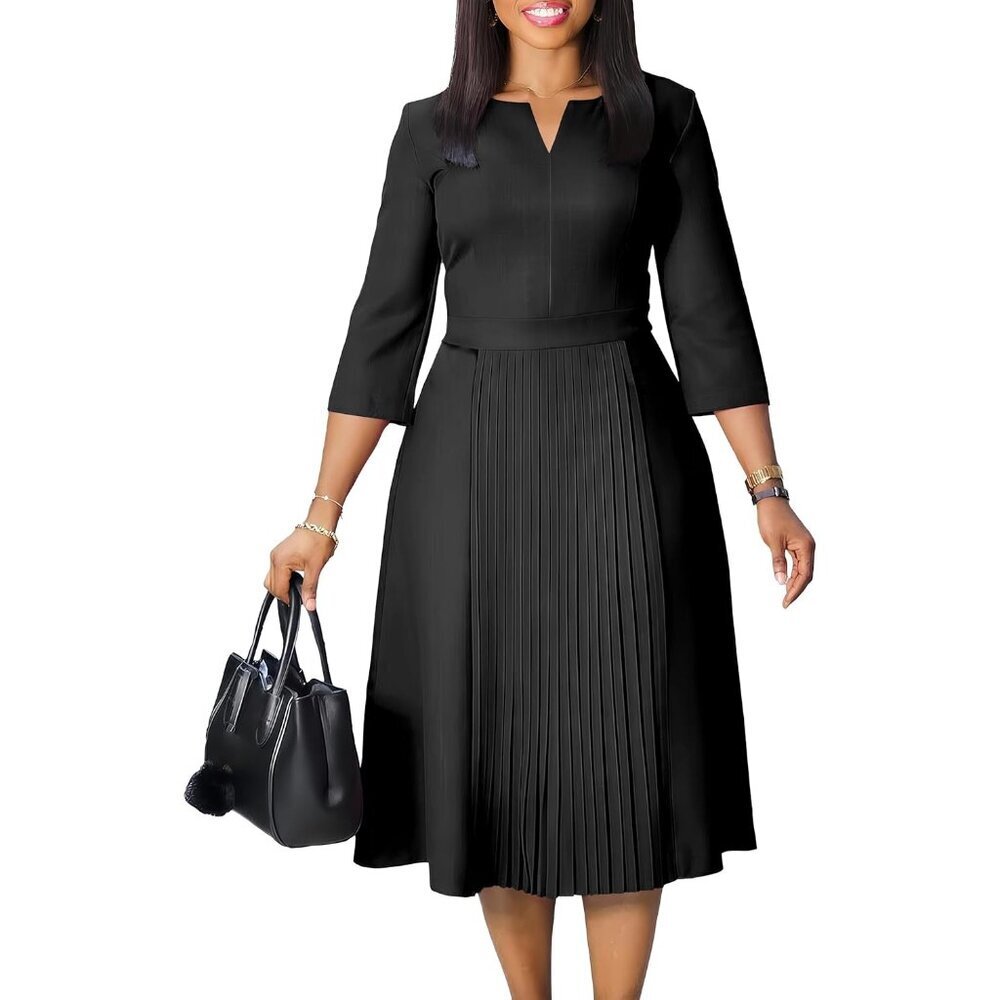 Church Dress Women Midi Elegant 3/4 Sleeve V Neck A-line Work Outfits